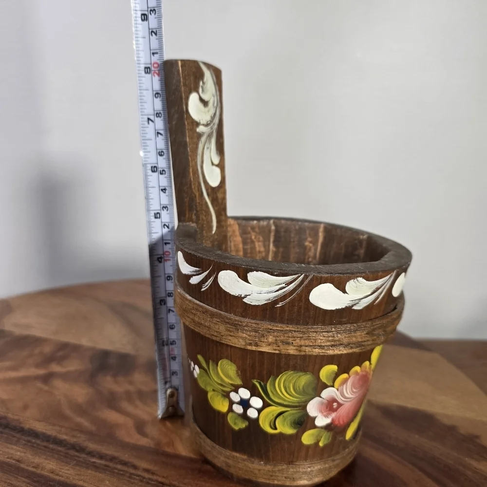 Vintage Handcrafted Small Wooden Pot with Floral Design Scandinavian Antique